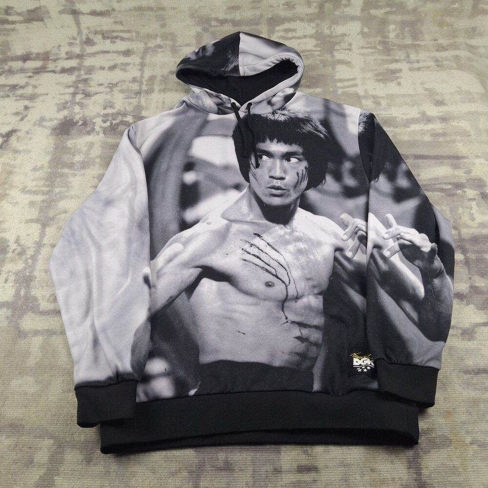 DGK Bruce Lee Collage Hoodie Mens XXL 2XL Black Grey Wash Pullover Skate